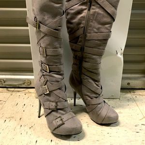 Michael Antoni High Heel Stilleto Suede Grey Buckle Boots Knee High Boots